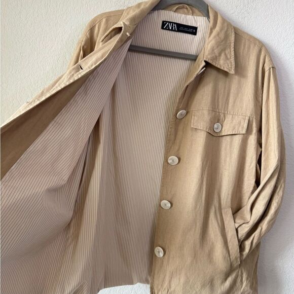 Zara Linen Blend Shacket Sz M Tan Button Up Lightweight Jacket Boho Minimalist - Picture 5 of 8